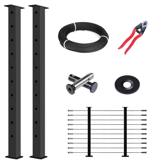 Muzata cable railing kit components: black posts, wire rope, cable cutter, and fittings.