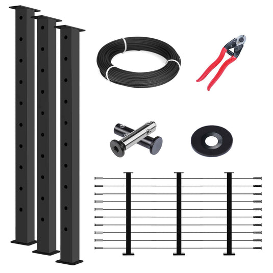 Muzata cable railing components: black posts, wire rope, fittings, and cable cutter.
