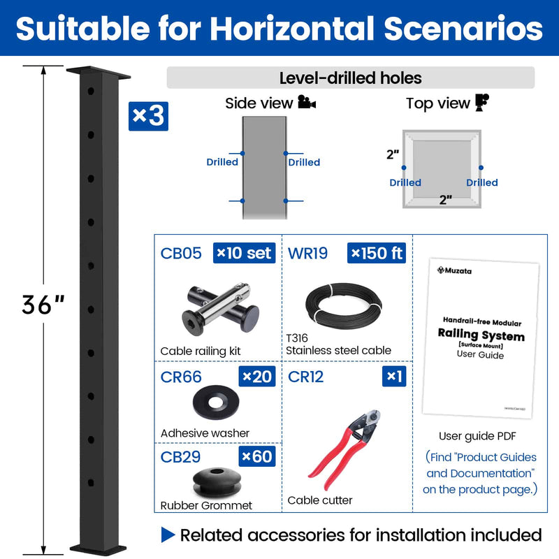 Load image into Gallery viewer, Muzata 36" cable railing kit components with posts, wire rope, fittings, and user guide.