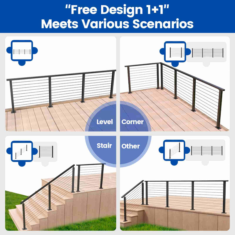 Load image into Gallery viewer, Muzata cable railing system design options: level, corner, and stair configurations.