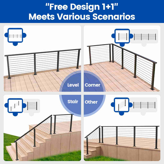 Muzata cable railing system design options: level, corner, and stair configurations.