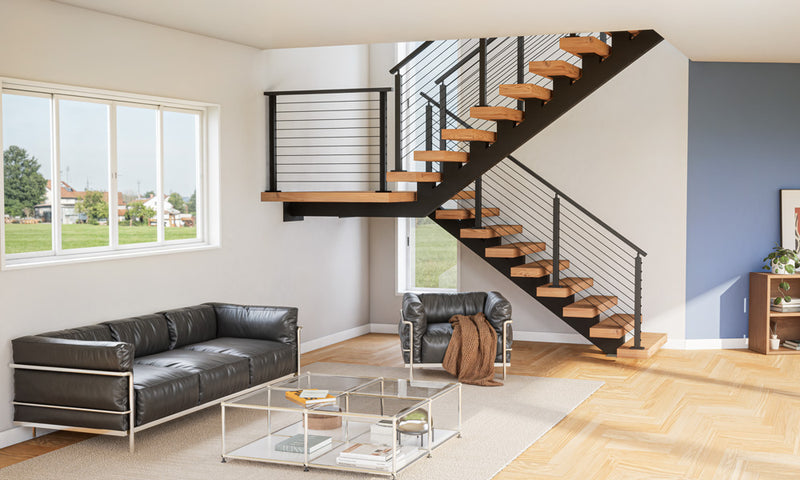 Load image into Gallery viewer, U-shaped-mono-stringer-floating-stairs-with-cable-railing