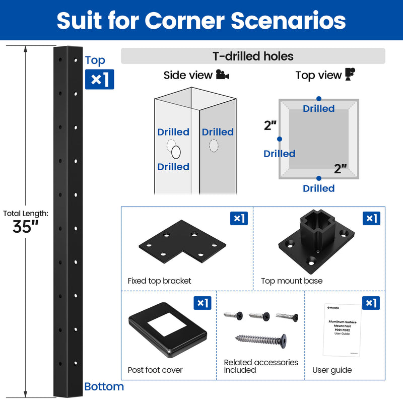 Load image into Gallery viewer, aluminum-surface-mount-corner-post-dimensions