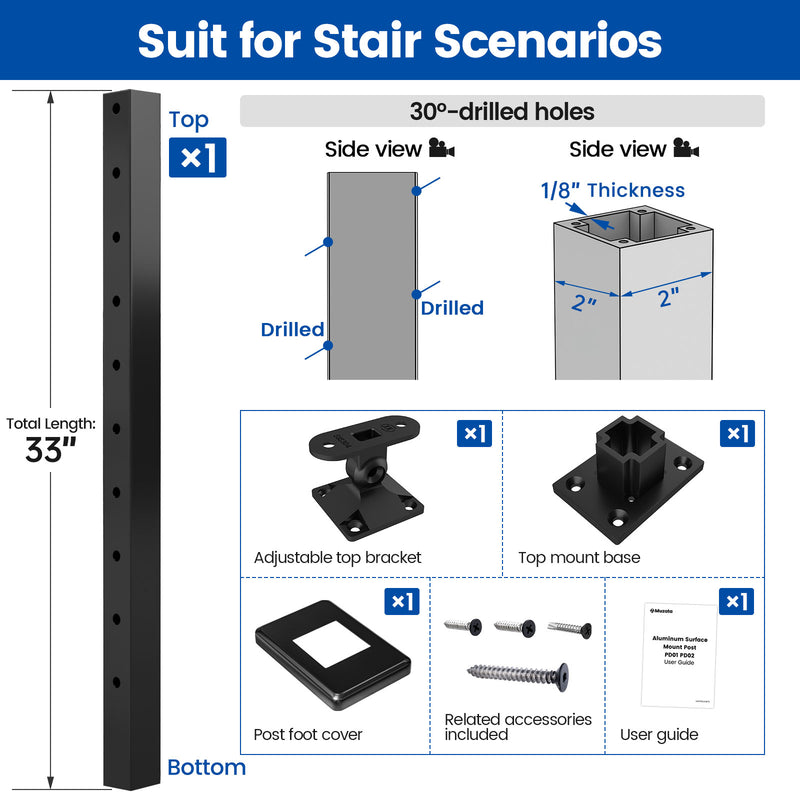 Load image into Gallery viewer, aluminum-surface-mount-stair-post-dimensions