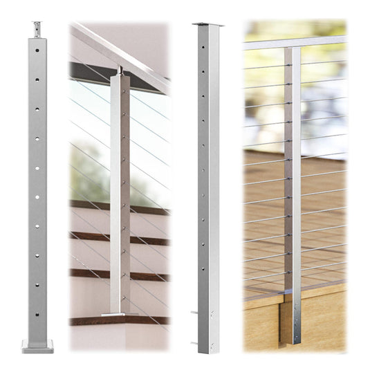 Stainless steel cable railing posts in brushed and polished finishes