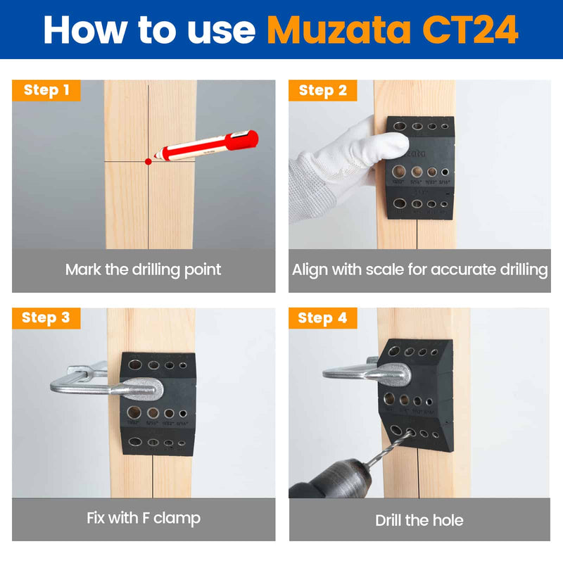 Load image into Gallery viewer, Instructions for using Muzata CT24 drill guide jig, featuring steps to drill accurately.