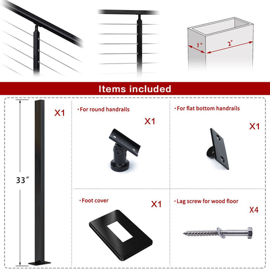 Muzata cable railing black rectangle post T304 stainless steel 36