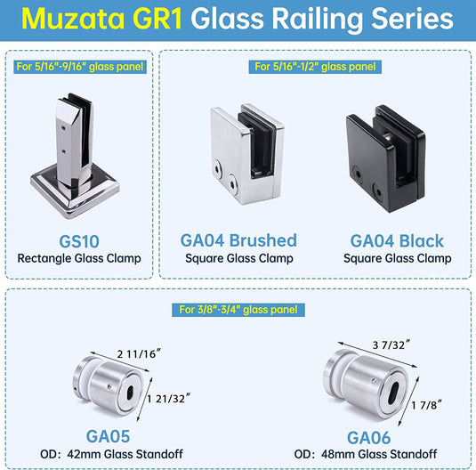 Muzata  5/16"-1/2"(8mm-12mm) Black Square Glass Clamp, GA04 BP4 - Muzata