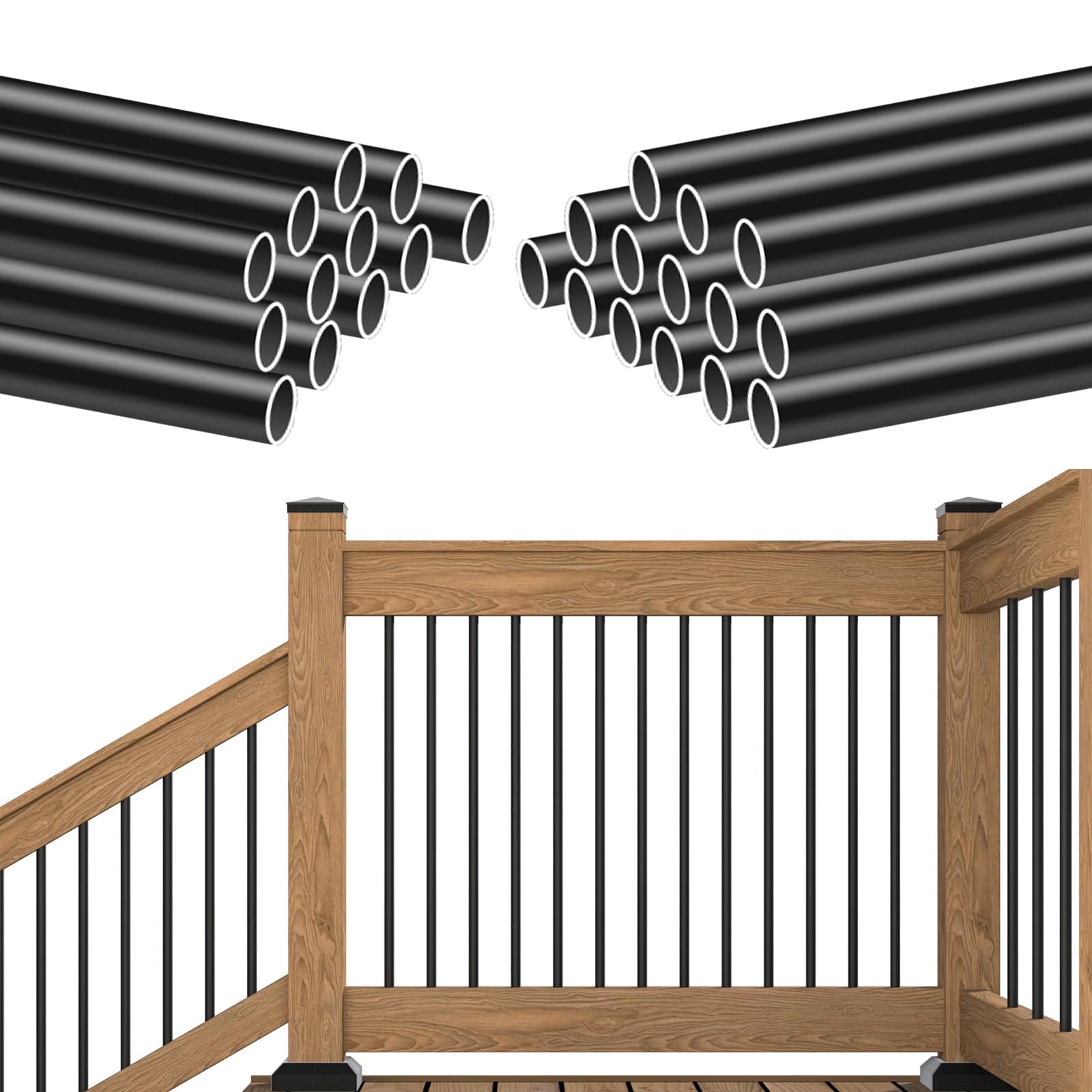 Muzata 25Pack 36 inch Aluminum Deck Balusters Round Black Deck Railing Stair Porch Staircase Spindles 3/4 inch Diameter Hollow for Wood and Composite