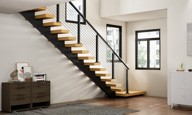 Load image into Gallery viewer, straight-mono-stringer-floating-stairs-with-cable-railing