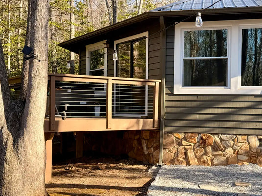 Wood Deck Cable Railing in Forest Cabin