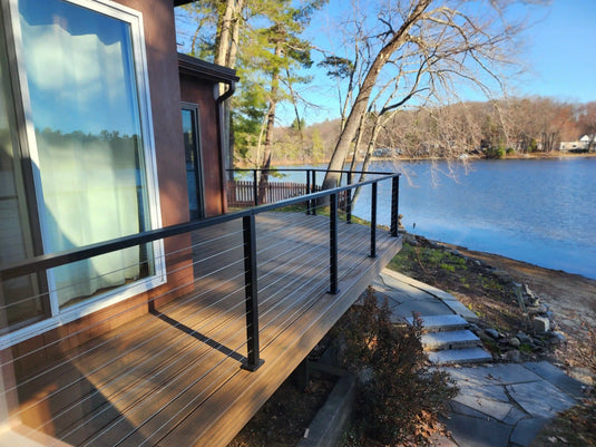 Lakeside Wood Deck Featuring Modern Cable Railing