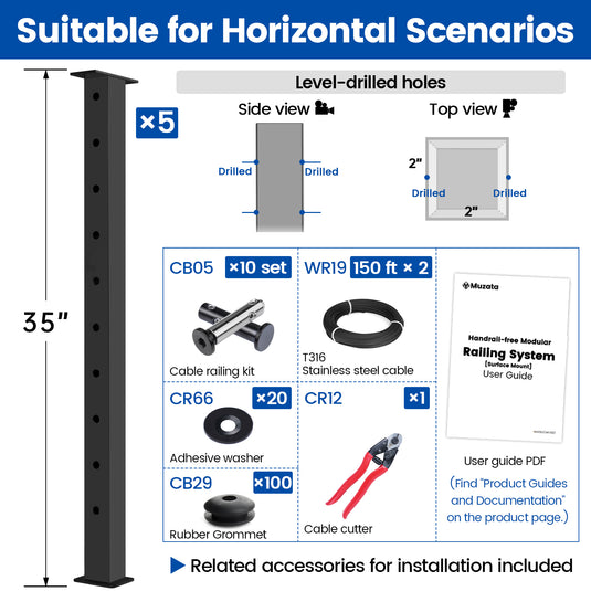 Muzata 36" Black Horizontal Surface Mount 4ft-20ft Cable Railing System DIY Kit (No Handrail)