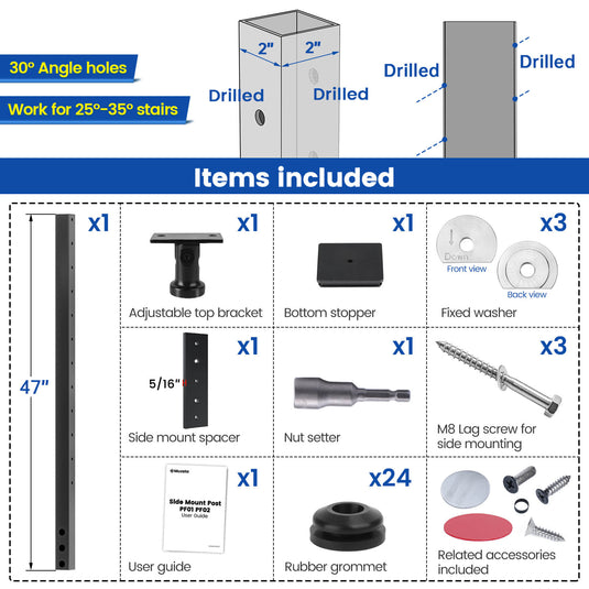 Muzata 42" Black Stainless Steel Side Mount Post, Angled Drilled  PF01 BB4L