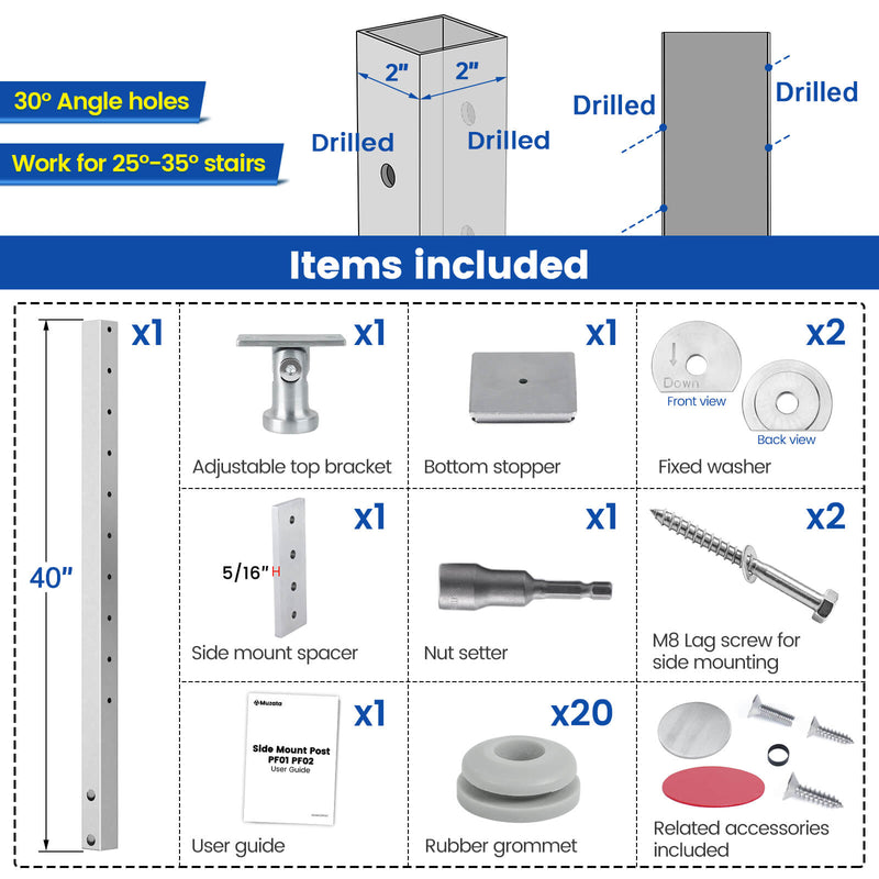 Load image into Gallery viewer, Muzata 36&#39;&#39;x2&#39;&#39;x2&#39;&#39; Side Mount 30°-Drilled T304 Post PF01 LB4S
