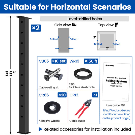 Muzata 36" Black Horizontal Surface Mount 4ft-20ft Cable Railing System DIY Kit (No Handrail)