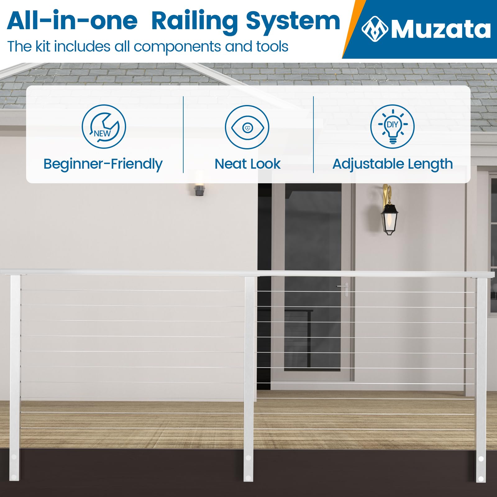 Muzata 6.5ft，13ft，20ft Complete Set Cable Railing System, One Stop Service All-in-One DIY Kit Fit