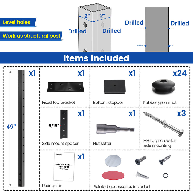 Load image into Gallery viewer, Muzata 42&#39;&#39;x2&#39;&#39;x2&#39;&#39; Level-drilled Side Mount Black Post PF02 BH4L
