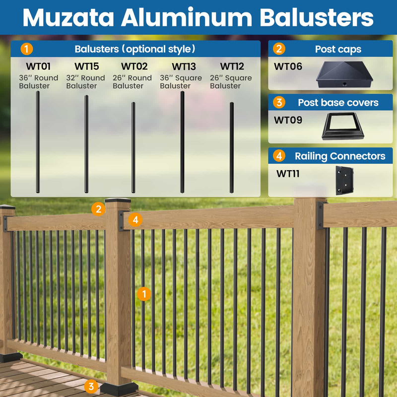 Load image into Gallery viewer, Muzata 36&quot;x3/4&quot; Aluminum Black Hollow Round Balusters WT01
