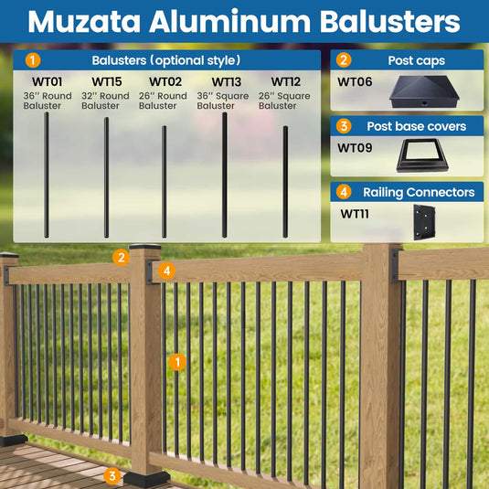 Muzata 32" Round Black Aluminum 3/4" Diameter Hollow Deck Balusters, WT15