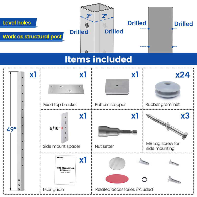 Load image into Gallery viewer, Muzata 42&quot; Brushed Stainless Steel Side Mount Post, Level Drilled  PF02 LH4L
