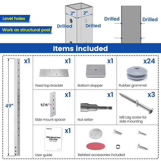 Muzata 42" Brushed Stainless Steel Side Mount Post, Level Drilled  PF02 LH4L