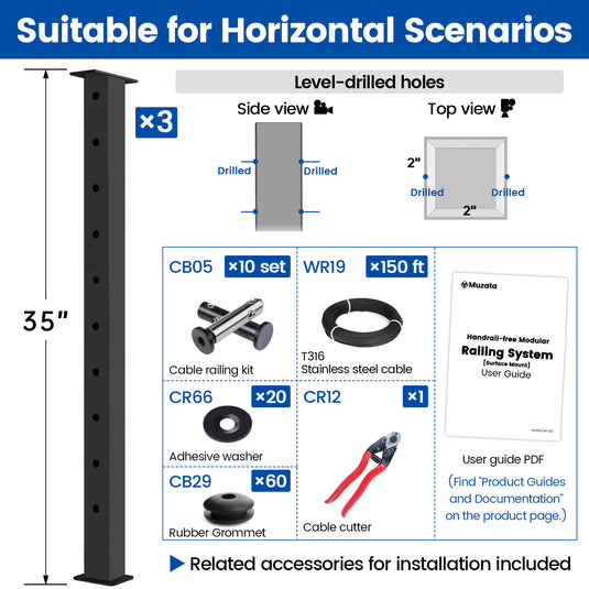 Muzata 36" Black Horizontal Surface Mount 4ft-20ft Cable Railing System DIY Kit (No Handrail)