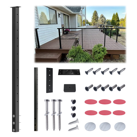 Benfar™ 42" Side Mount Level drilled Cable Railing Post Fixed Top Level Line Black Post Stainless Steel Wood Level Deck