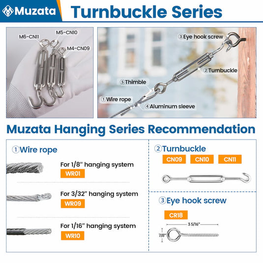 Muzata 5Pack M4 Black Hook and Eye Turnbuckle for Cable Wire Rope Tension Heavy Duty for String Light Picture DIY Hanging Tension Wire Kit Stainless