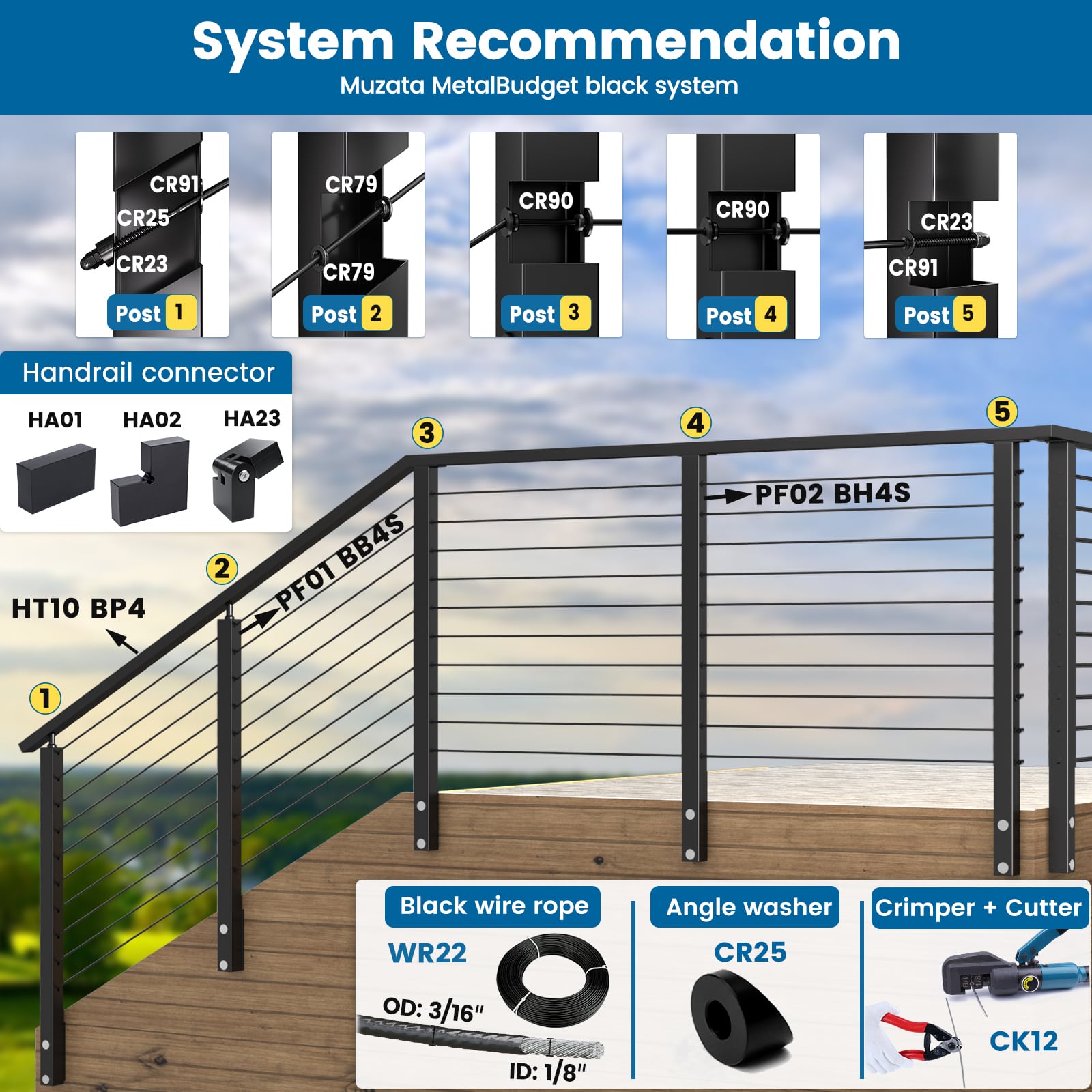 Muzata MetalBudget cable railing system components and installation guide