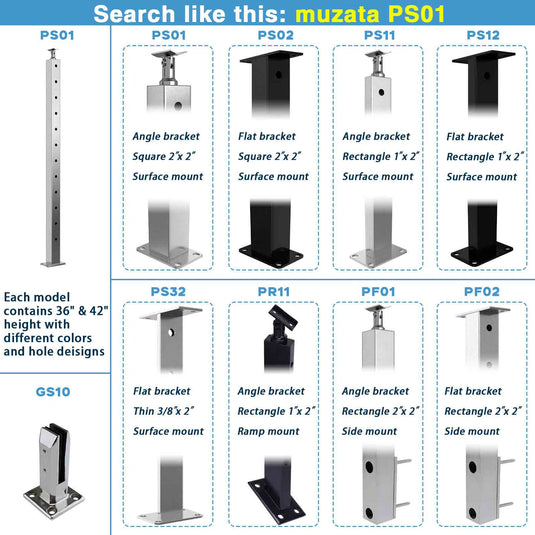 Muzata Brushed 36" Stainless Steel Cable Railing Post