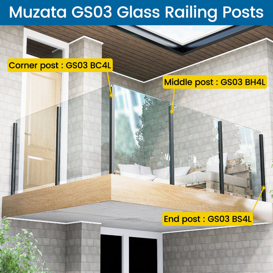 Muzata 42''x2''x2'' Black Stainless Corner Glass Railing Post with Two Adjacent Inner Slots, GS03 BC4L