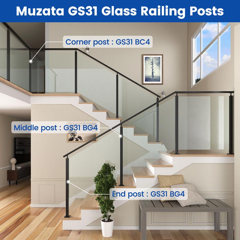 Load image into Gallery viewer, Muzata 42&quot;x2&quot;x2&quot; Black T304 Glass Railing Corner Post with Adjustable Top, GS31 BC4
