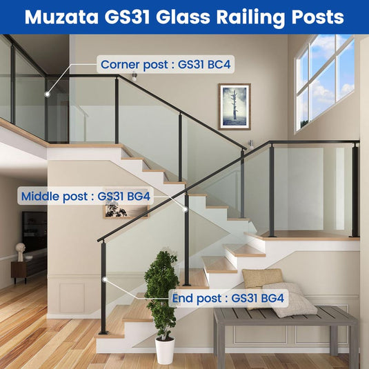 Muzata 42"x2"x2" Black T304 Glass Railing Corner Post with Adjustable Top, GS31 BC4