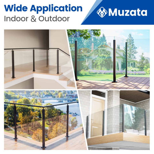 Muzata 42"x2"x2" Black T304 Glass Railing Corner Post with Adjustable Top, GS31 BC4