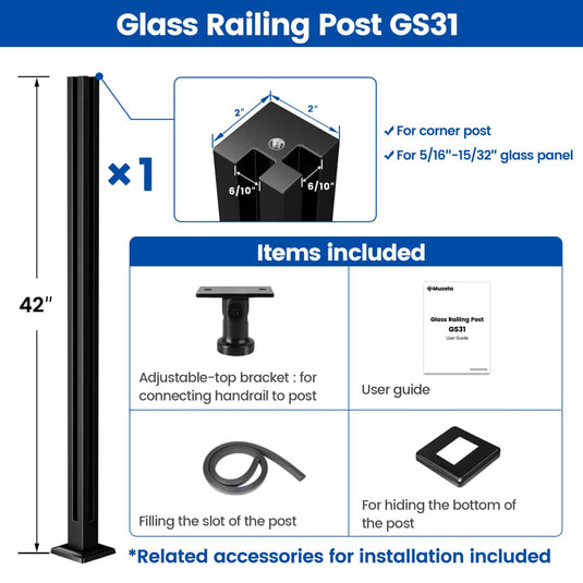 Muzata 42"x2"x2" Black T304 Glass Railing Post with Adjustable Top, GS31 BG4