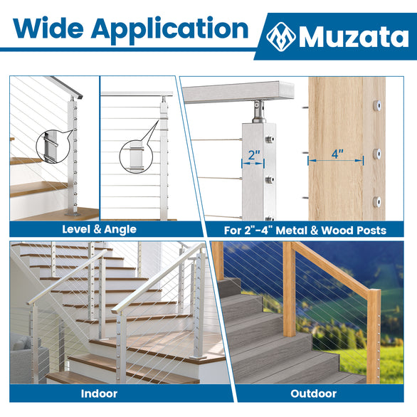 Muzata cable railing system showing indoor and outdoor applications for 2-4