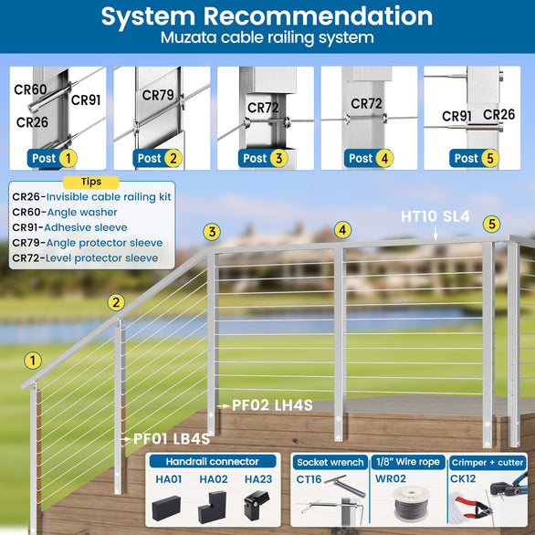 Muzata cable railing system components and installation tips for CR26 model.