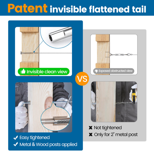 Muzata cable railing comparison: Invisible vs exposed tail design for easy installation.