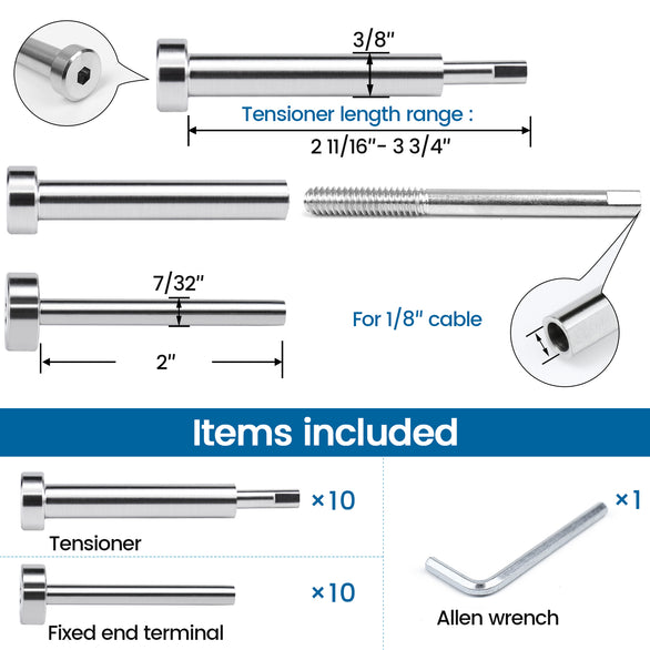 Muzata tensioners and fixed end terminals for 1/8