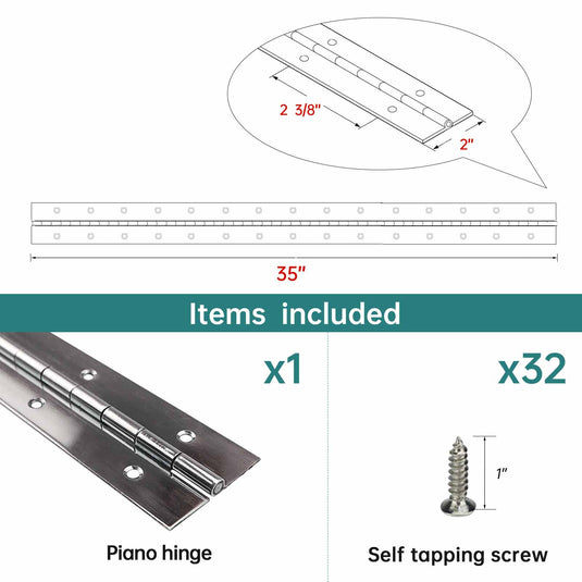 Muzata 35inch, 2" Open Width, 0.06"Leaf Thickness, Heavy Duty Stainless Steel Piano Hinge, M016