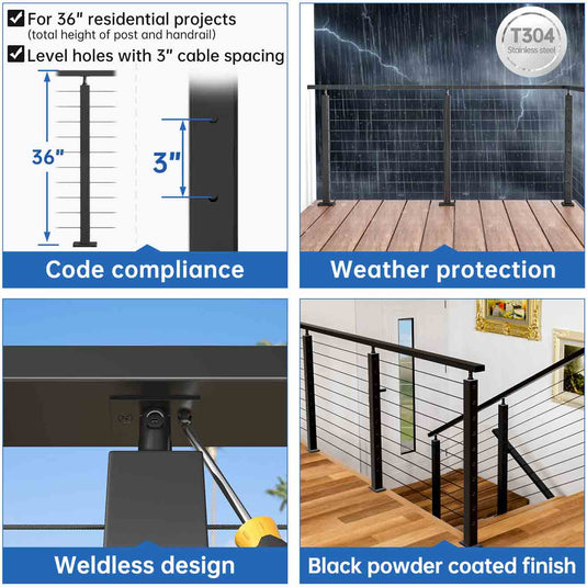 Muzata Black 36 Stainless Steel Cable Railing Post - Premium Quality