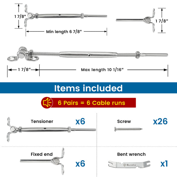 Components of Muzata CK07 cable railing: 6 tensioners, screws, fixed ends, and bent wrench.