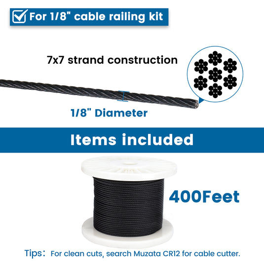 Muzata Black Wire Rope 1/8 Cable Railing T316 Stainless Steel Marine Grade Airc