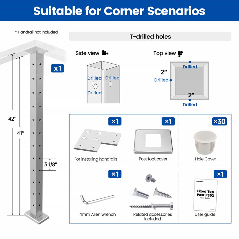 Load image into Gallery viewer, Muzata 42&quot; Brushed Stainless Steel Surface Mount Corner Post, PS02 L34L

