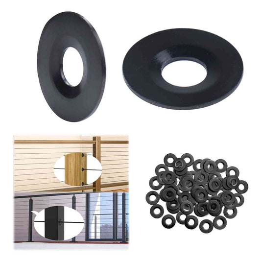 Black adhesive sleeves for cable railing installation and finishing.