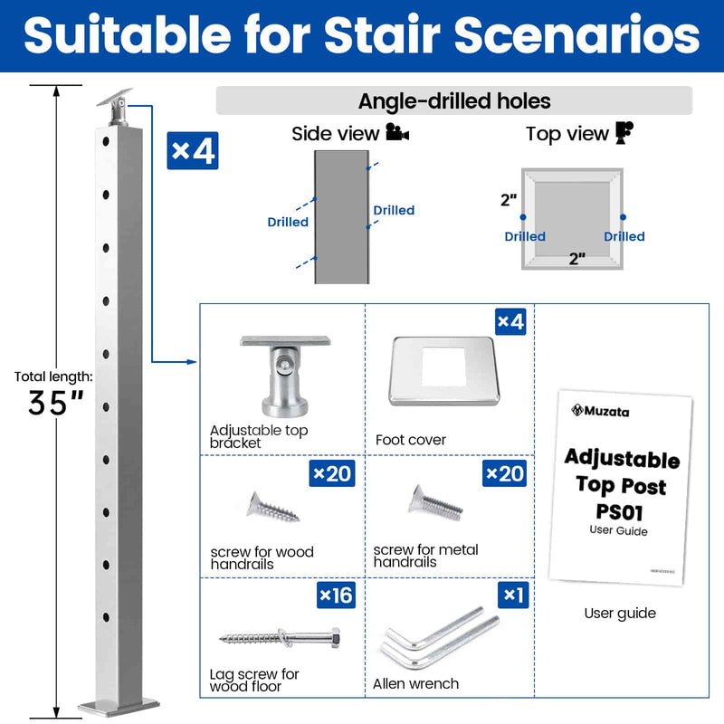 Load image into Gallery viewer, Muzata 36&quot; Brushed Stainless Steel Surface Mount Post, Angled Drilled  PS01 LA4S
