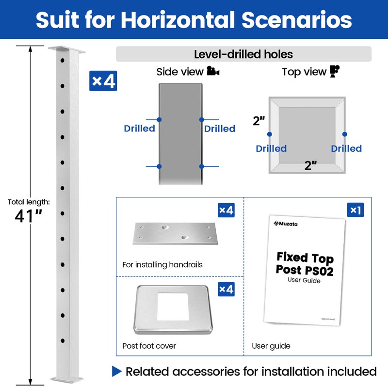 Muzata PS02 level-drilled railing post details with installation accessories.