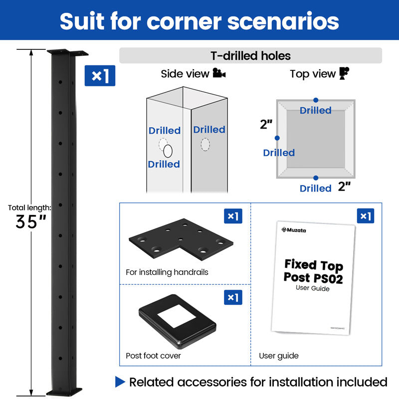 Load image into Gallery viewer, Muzata 36&quot;x2&quot;x2&quot; T-drilled Flat Top Stainless Steel Post PS02 B34S
