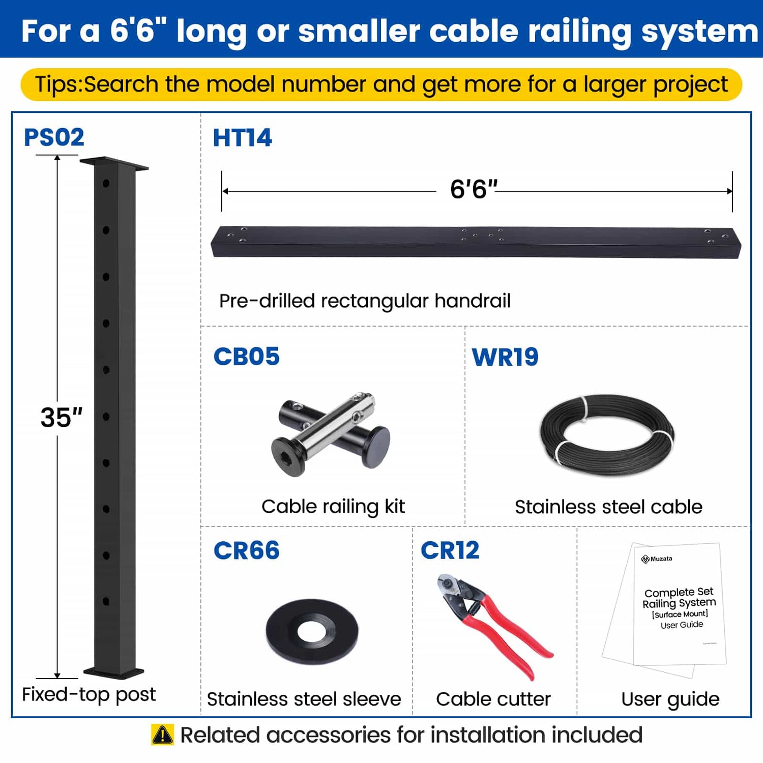 Muzata 36" 6.5ft Black Surface Mount All-in-One Cable Railing System